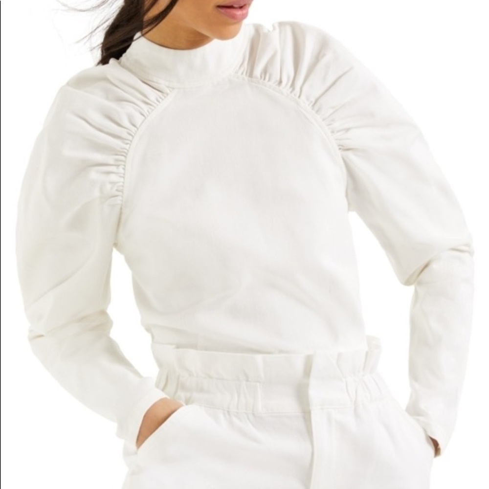 CULPOS x INC Puff Sleeve Denim Blouse in White
